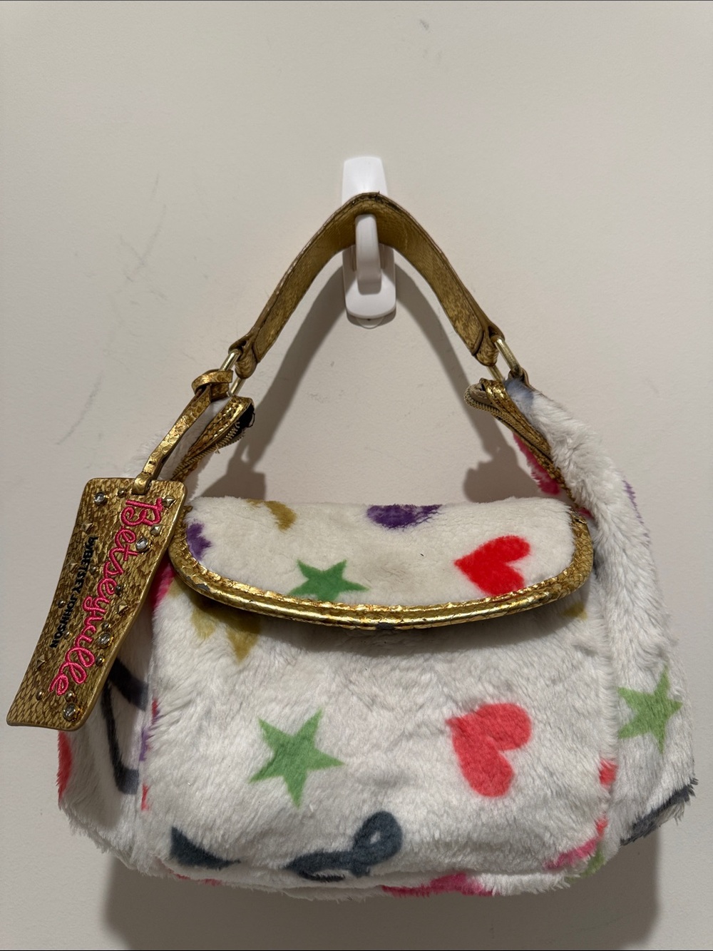Betsey Johnson RareVintage Y2K Era White Faux-Fur Star & Heart Mini Shoulder Bag